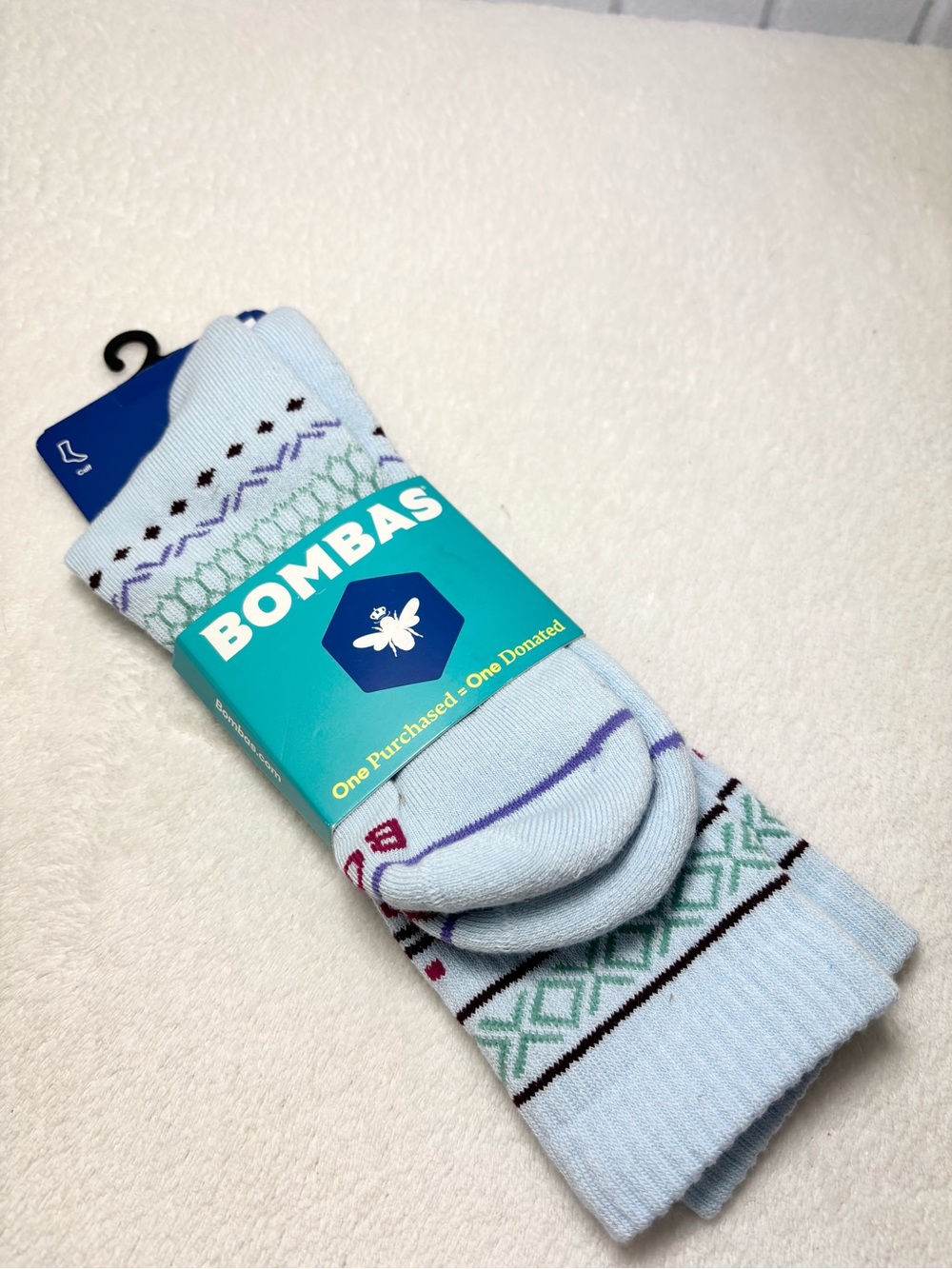 Bombas Light Blue Calf Socks with Green & Purple‎ Pattern Size L